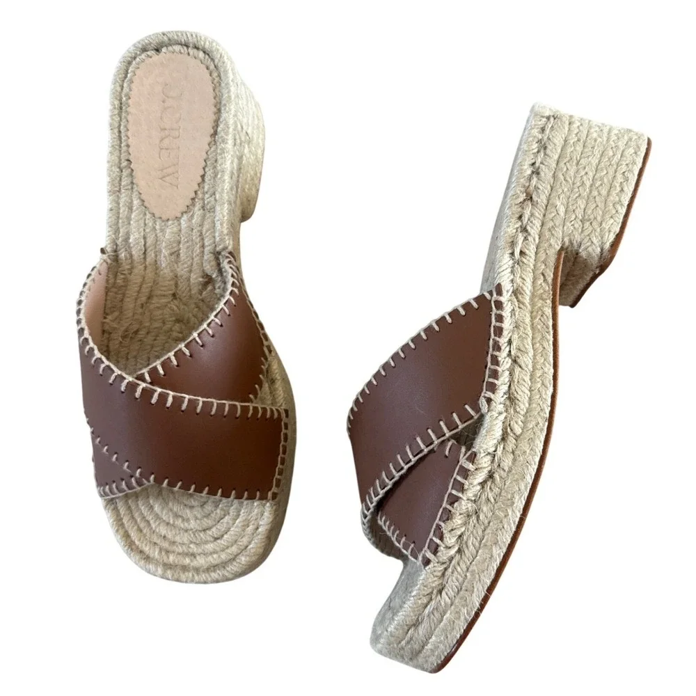 J. Crew Made-in-Spain Block Heel Espadrilles Leather Brown‎ 10 Summer 2025 $228